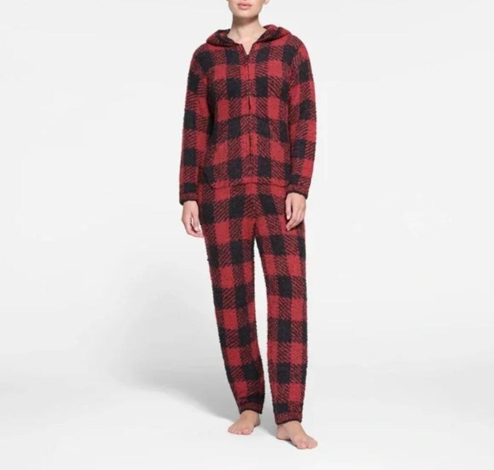 SKIMS COZY KNIT UNISEX ONE PIECE IN BRICK BUFFALO CHECK S/M (New)